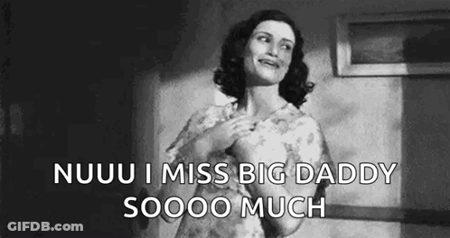 A Black And White Photo Of A Woman Holding Her Chest And Saying `` Nuuu I Miss Big Daddy So Much '' . GIF