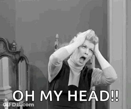 A Black And White Photo Of A Woman Holding Her Head And Saying Oh My Head . GIF