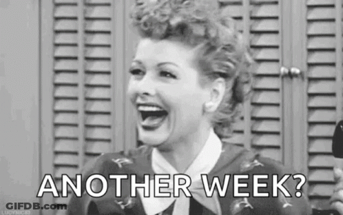 A Black And White Photo Of A Woman Laughing And Saying Another Week . GIF