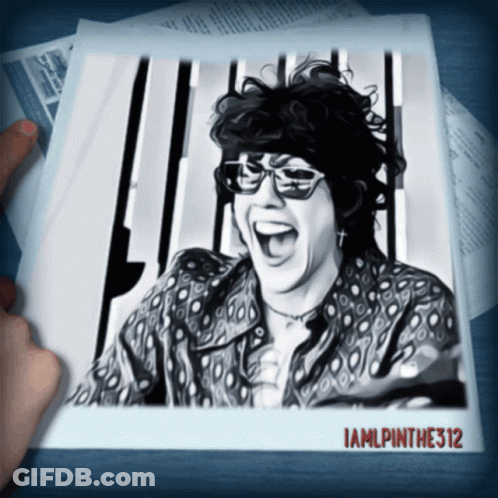 A Black And White Photo Of A Woman Laughing With The Name Iamlpinthe312 On The Bottom GIF