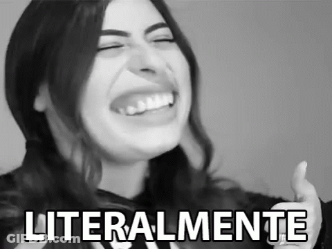 A Black And White Photo Of A Woman Laughing With The Words Literalmente Written Above Her . GIF