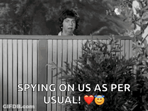 A Black And White Photo Of A Woman Peeking Over A Fence With The Words Spying On Us As Per Usual GIF