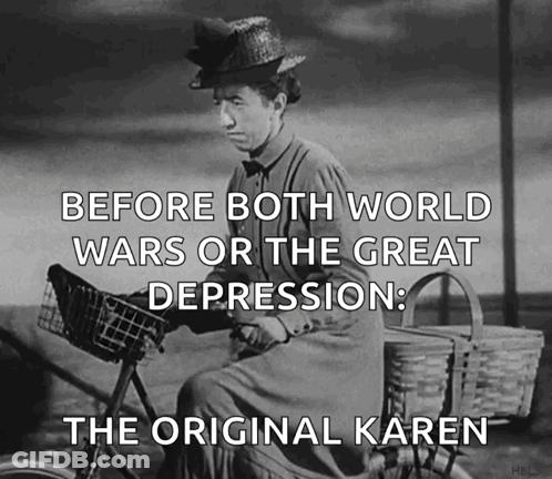 A Black And White Photo Of A Woman Riding A Bicycle With The Caption " Before Both World Wars Or The Great Depression " GIF