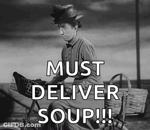 A Black And White Photo Of A Woman Riding A Bike With The Caption Must Deliver Soup !!! GIF