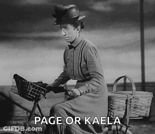 A Black And White Photo Of A Woman Riding A Bike With The Words Page Or Kaela Above Her GIF