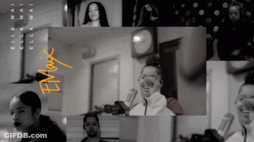 A Black And White Photo Of A Woman Singing Into A Microphone With Ella Mai Written In Yellow GIF