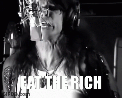 A Black And White Photo Of A Woman Singing Into A Microphone With The Caption Eat The Rich GIF
