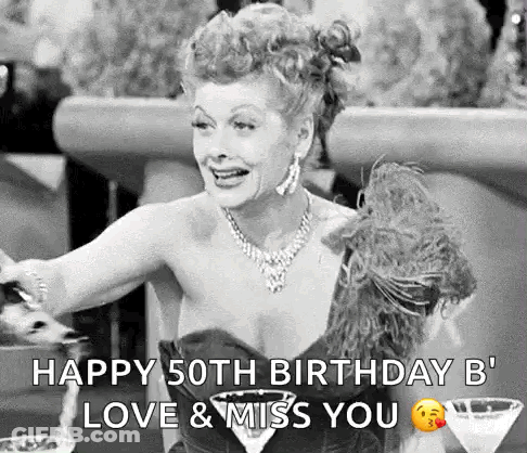 A Black And White Photo Of A Woman Sitting At A Table With A Martini And A Birthday Message . GIF