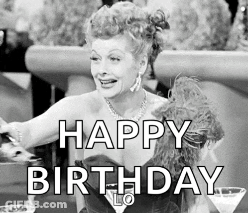 A Black And White Photo Of A Woman Sitting At A Table With A Martini And The Words `` Happy Birthday '' Written Above He GIF