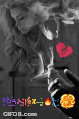 A Black And White Photo Of A Woman Smoking A Cigarette With The Words " Banish " On The Bottom Right GIF