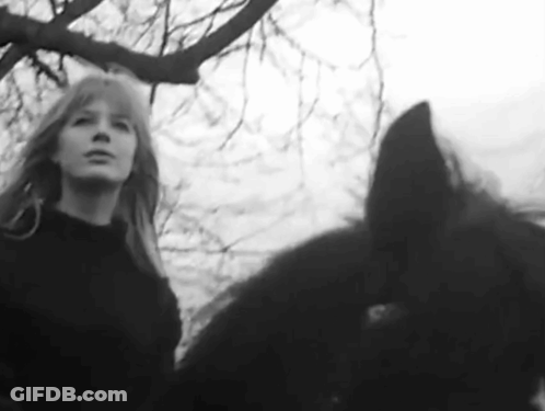 A Black And White Photo Of A Woman Standing Next To A Black Horse . GIF