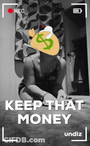 A Black And White Photo Of A Woman With A Bag Of Money On Her Head And The Words Keep That Money Underneath GIF