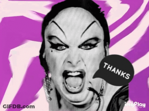 A Black And White Photo Of A Woman With A Speech Bubble Saying Thanks GIF