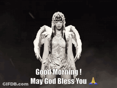 A Black And White Photo Of A Woman With Angel Wings And The Words " Good Morning May God Bless You " GIF