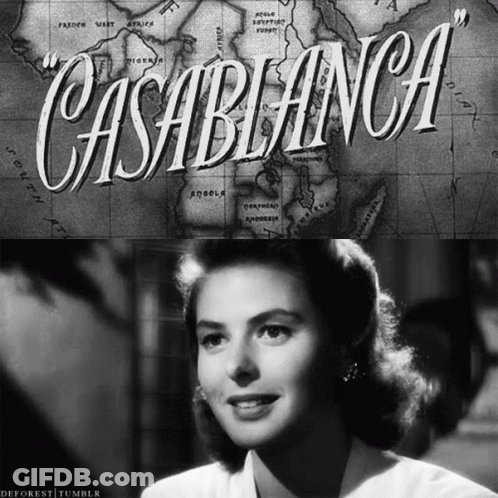 A Black And White Photo Of A Woman With The Word Casablanca On It GIF