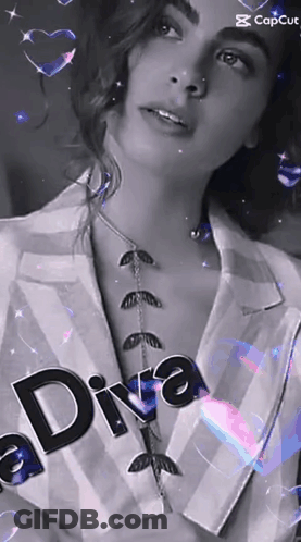 A Black And White Photo Of A Woman With The Word Diva Written On It GIF