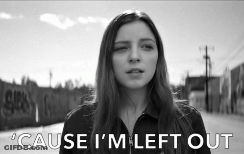 A Black And White Photo Of A Woman With The Words ' Cause I 'M Left Out ' Above Her GIF