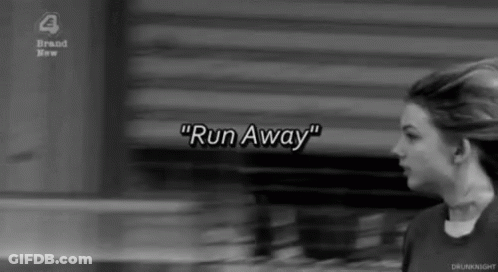 A Black And White Photo Of A Woman With The Words " Run Away " In White Letters GIF