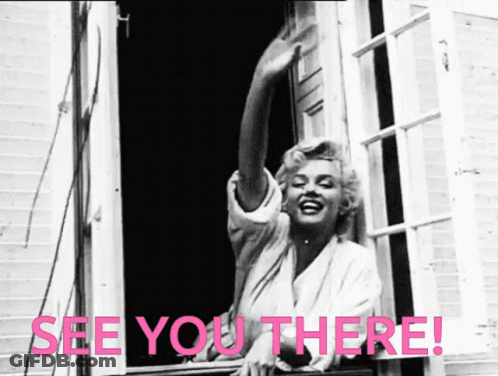 A Black And White Photo Of A Woman With The Words " See You There " In Pink GIF
