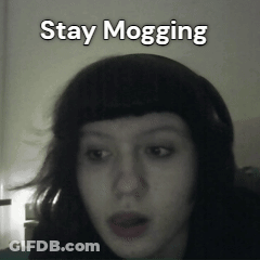 A Black And White Photo Of A Woman With The Words Stay Mogging Below Her GIF