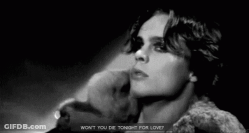 A Black And White Photo Of A Woman With The Words `` Won T You Die Tonight For Love '' . GIF