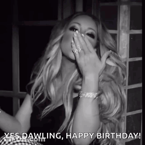 A Black And White Photo Of A Woman With The Words Yes Dawling Happy Birthday Written Below Her GIF