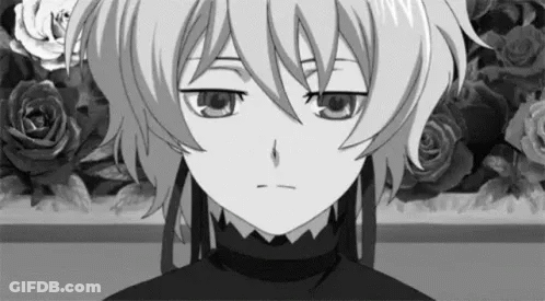 A Black And White Photo Of A Young Anime Girl Standing In Front Of A Bunch Of Roses . GIF