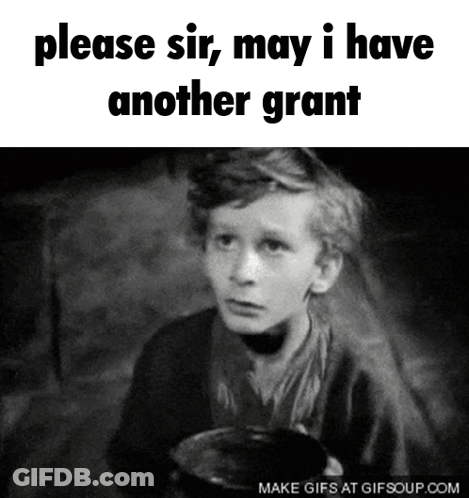 A Black And White Photo Of A Young Boy Holding A Bowl With The Caption " Please Sir May I Have Another Grant " GIF