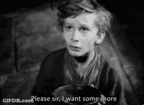 A Black And White Photo Of A Young Boy Saying `` Please Sir , I Want Some More '' GIF
