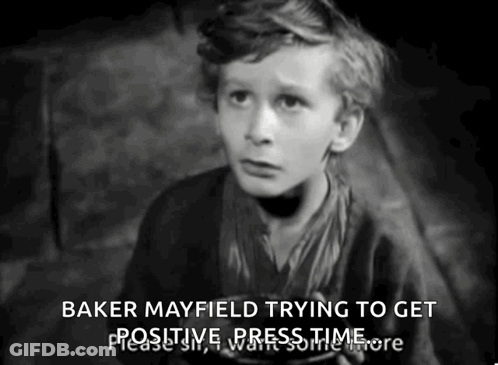 A Black And White Photo Of A Young Boy With The Caption " Baker Mayfield Trying To Get Positive Press Time " GIF