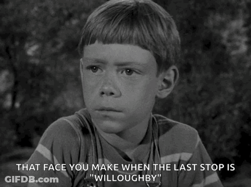 A Black And White Photo Of A Young Boy With The Caption That Face You Make When The Last Stop Is " Willoughby " GIF