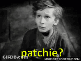 A Black And White Photo Of A Young Boy With The Word Patchie Written In Yellow GIF