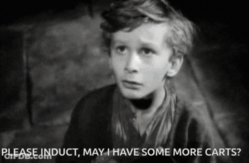 A Black And White Photo Of A Young Boy With The Words Please Induct May I Have Some More Carts GIF