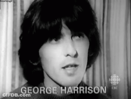 A Black And White Photo Of A Young Man Named George Harrison In A Sweater . GIF