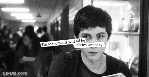 A Black And White Photo Of A Young Man With The Words " These Moments Will All Be Stories Someday " Written On His Face GIF