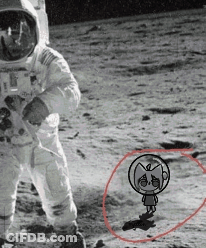 A Black And White Photo Of An Astronaut On The Moon With A Drawing Of A Girl In A Helmet GIF