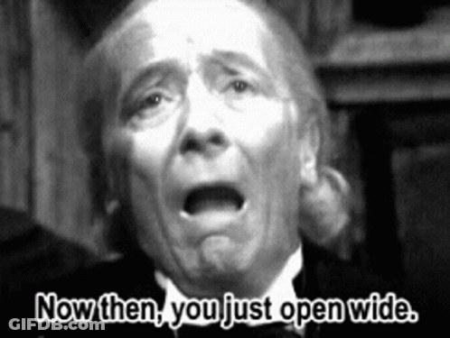 A Black And White Photo Of An Older Man With The Words Now Then You Just Open Wide GIF