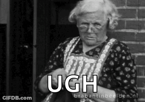 A Black And White Photo Of An Older Woman With The Words Ugh Written On The Bottom GIF