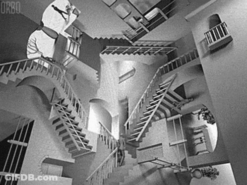 A Black And White Photo Of An Optical Illusion Of Stairs In A Building . GIF