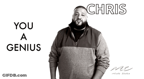 A Black And White Photo Of Chris With The Words You A Genius Behind Him GIF
