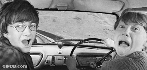 A Black And White Photo Of Harry Potter And Ron Weasley Driving A Car . GIF