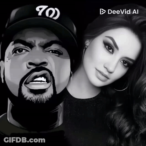 A Black And White Photo Of Ice Cube And A Woman With Deevid Ai On The Bottom GIF