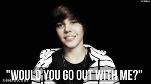 A Black And White Photo Of Justin Bieber With The Caption " Would You Go Out With Me ? " GIF