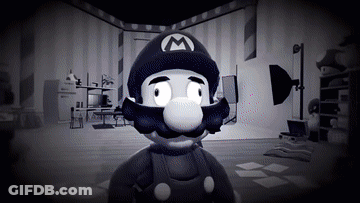 A Black And White Photo Of Mario In A Dark Room GIF