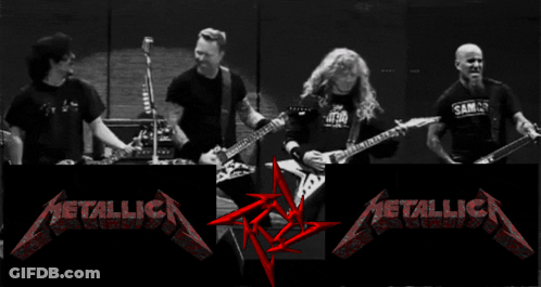 A Black And White Photo Of Metallica Playing Guitar GIF