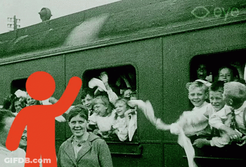 A Black And White Photo Of People On A Train With An Orange Silhouette GIF