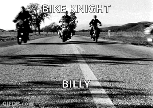 A Black And White Photo Of People Riding Motorcycles With The Words Bike Knight Billy GIF