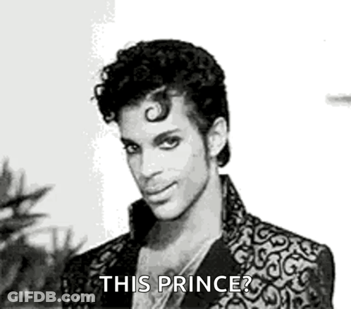 A Black And White Photo Of Prince With The Words `` This Prince '' Written Next To Him . GIF
