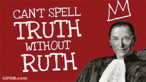 A Black And White Photo Of Ruth Bader Ginsburg On A Red Background That Says " Justice Out Truth " GIF