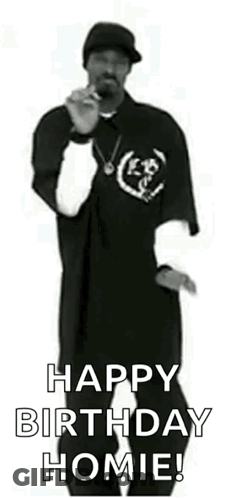 A Black And White Photo Of Snoop Dogg Dancing With The Words `` Happy Birthday Homie '' . GIF